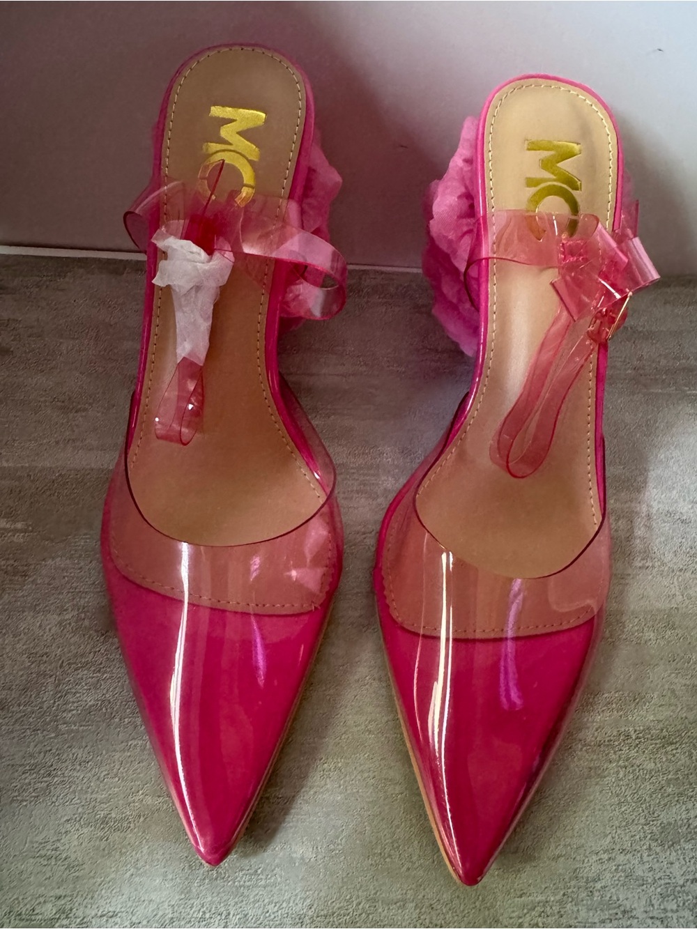 MC Pink Pointed Toe Clear Strap  with layered fabric rose appliqués on the heel
